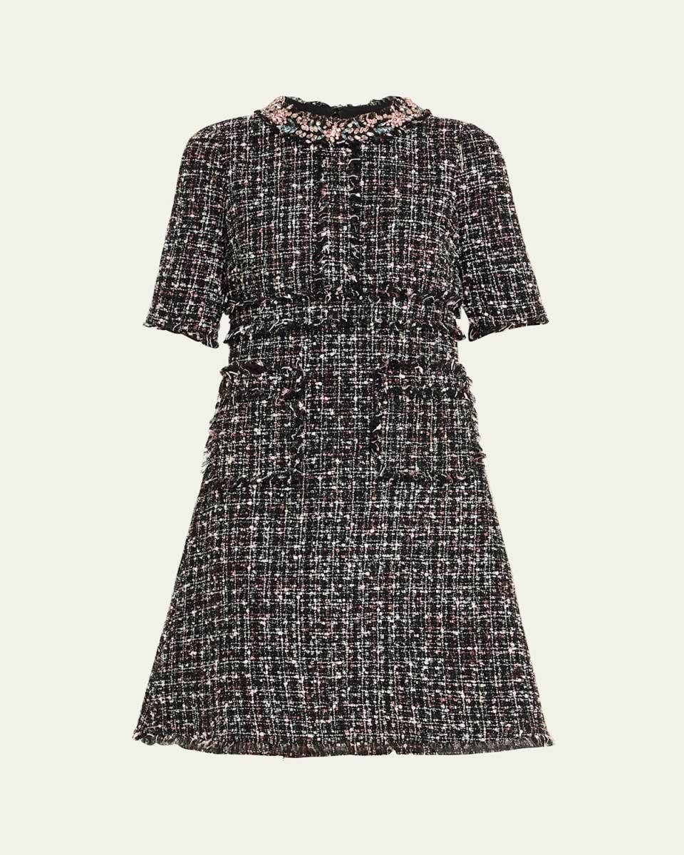 Crystal-Trim Fringed Tweed Dress